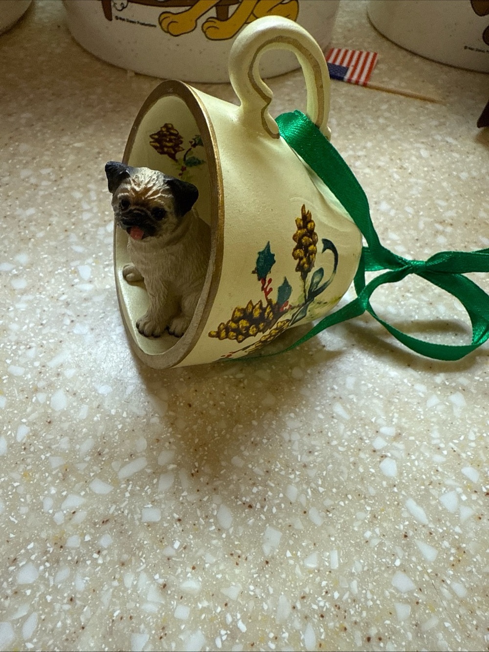 2005 Cream Decorative Holiday Teacup Christmas Ornament with Pug Dog Figurine